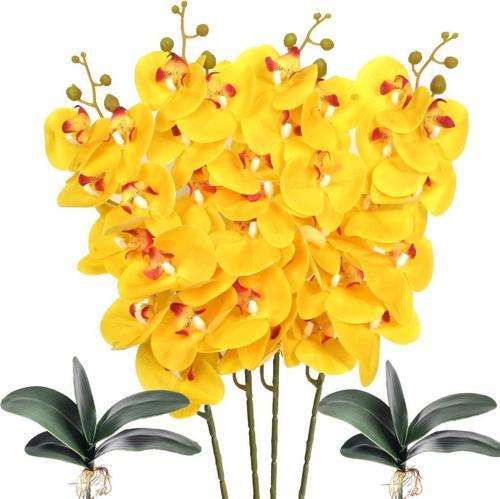 4lü Set Yapay Çiçek Sarı Islak Orkide ve 2 Adet Orkide Yaprağı Gerçeksi Doku Uzun Dal 90 cm