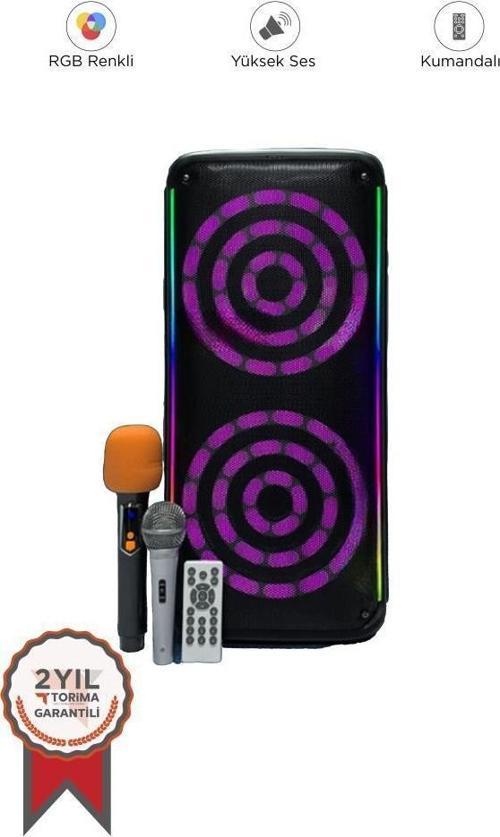 KTS-1912 Çift Mikrofonlu Kumandalı Rgb Ledli 5.0 Bluetooth Hoparlör Karaoke Usb-Tf-Fm Radyo Siyah