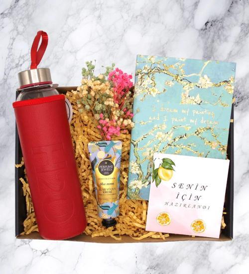HEDİYE KUTUSU - CAM MATARA & DEFTER & KREM 