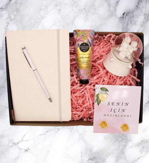 HEDİYE KUTUSU - DEFTER & KALEM & KAR KÜRESİ &  KREM  