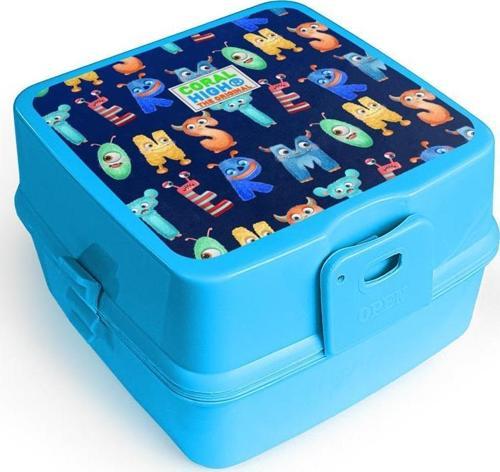 Kids Mavi Neon Sarı Monster Desenli Dört Bölmeli Çatal ve Kaşıklı Beslenme Kabı 32995