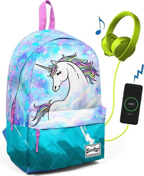 Derin Mavi Unicornlu İki Bölmeli USB Şarjlı Kulaklık Çıkışlı Sırt Çantası 23429