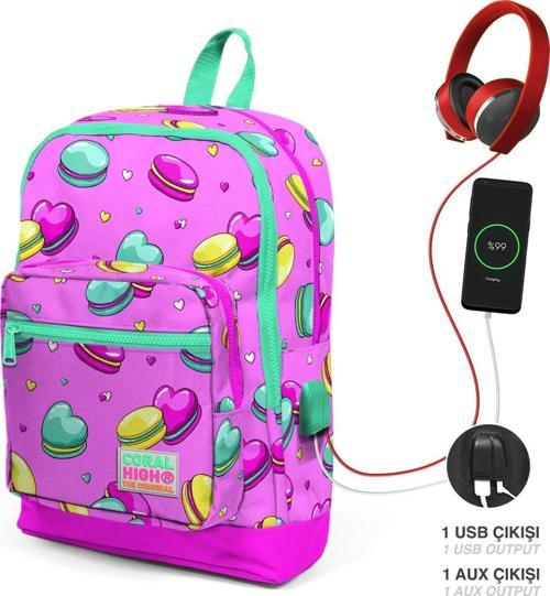 Kids Açık Pembe Makaron Desenli  USB Şarjlı Kulaklık Çıkışlı Okul Sırt Çantası 23261