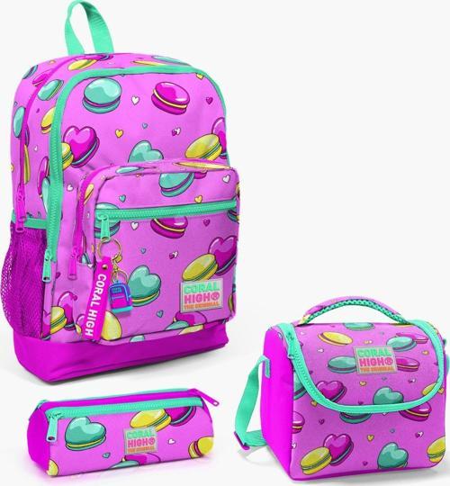 Kids Açık Pembe Su Yeşili Makaron Desenli 3’lü Okul Çanta Seti SET0123462