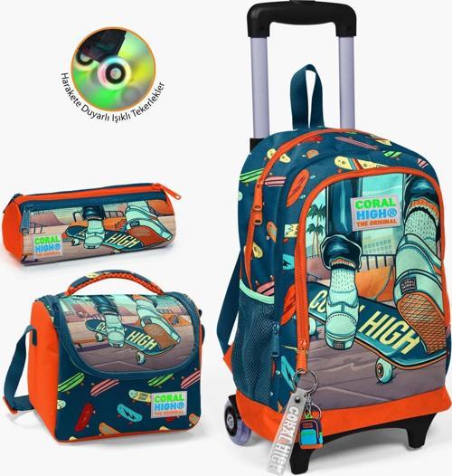 Kids Civit Neon Turuncu Kaykay Desenli Çekçekli 3'lü Çanta Seti SET0123923