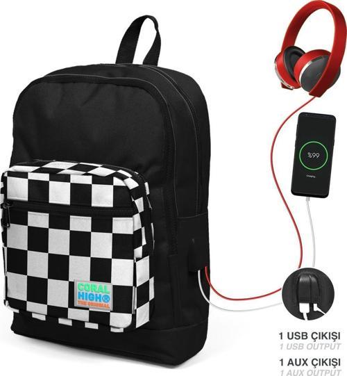 Kids Dört Bölmeli Siyah Dama Desenli İlkokul Çantası USB Şarjlı Kulaklık Çıkışlı 23814