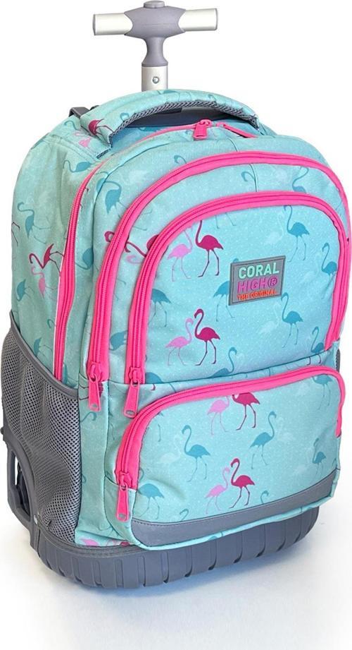 Kids Flamingo Desenli, Su Yeşili Renkli, İki Kademeli Çekçekli, Sırt Ve Okul Çantası 24022