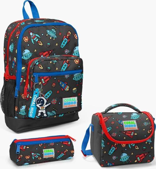 Kids Koyu Gri Kırmızı Uzay Desenli 3’lü Okul Çanta Seti SET0123469