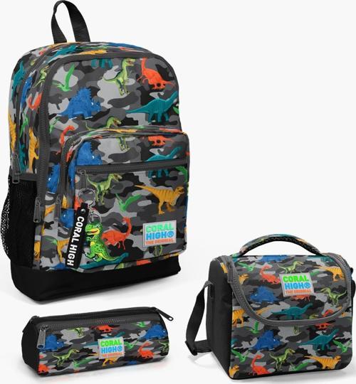 Kids Koyu Gri Siyah Kamuflaj Dinazor Desenli 3’lü Okul Çanta Seti SET0123474
