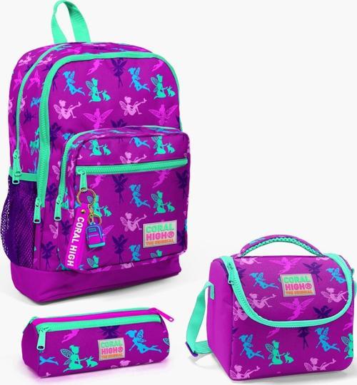 Kids Koyu Pembe Su Yeşili Peri Desenli 3’lü Okul Çanta Seti SET0123109