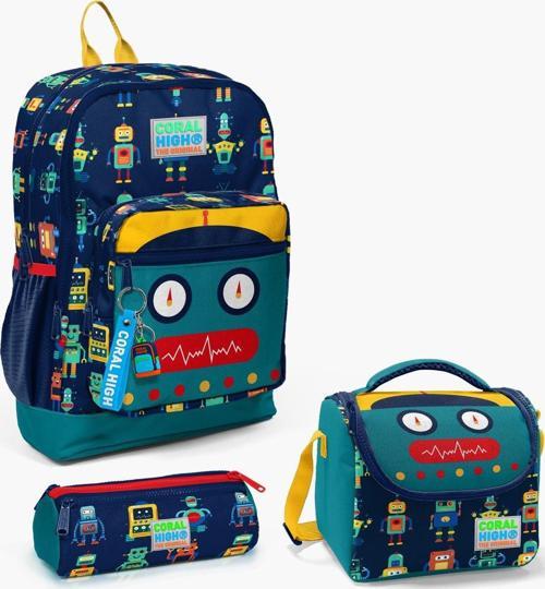 Kids Lacivert Çivit Robot Desenli 3’lü Okul Çanta Seti SET0123472