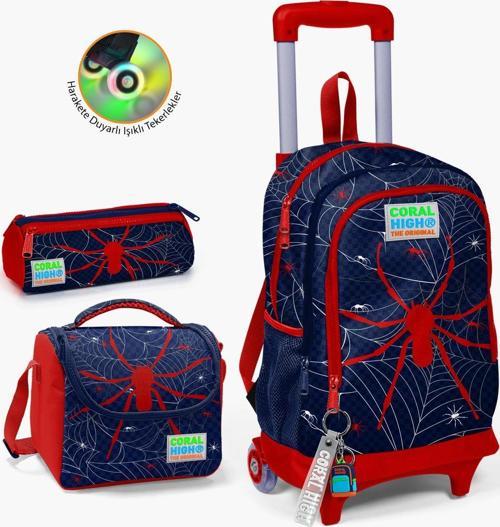 Kids Lacivert Kırmızı Örümcek Desenli Çekçekli 3'lü Çanta Seti SET0123920