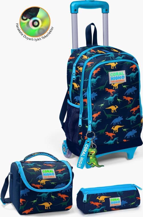 Kids Lacivert Mavi Dinozor Desenli Çekçekli 3'lü Çanta Seti SET0123135