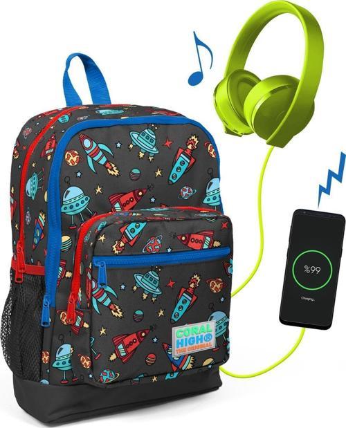 Kids Gri Uzay Desenli USB Şarjlı Kulaklık Çıkışlı Okul Sırt Çantası 23279