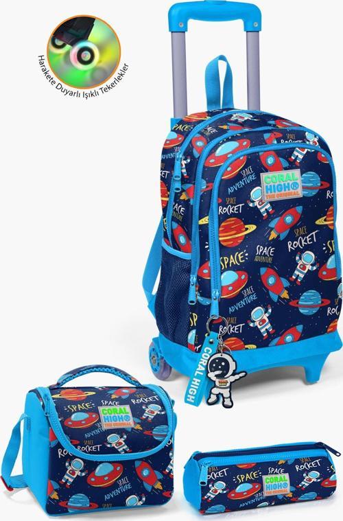 Kids Lacivert Mavi Uzay Desenli Çekçekli 3'lü Çanta Seti SET0123376