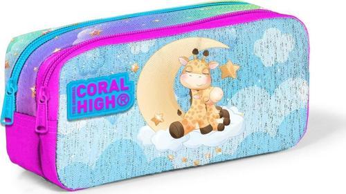 Kids Mavi Pembe Zürafa Desenli İki Bölmeli Kalem Çantası 12052