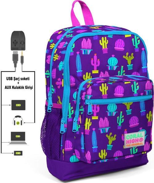 Kids Mor Kaktüs Desenli USB Şarjlı Kulaklık Çıkışlı Okul Sırt Çantası 23273