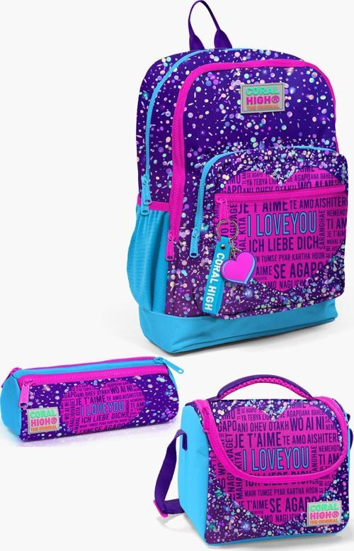 Kids Mor Mavi Pembe Kalp Desenli 3’lü Okul Çanta Seti SET0123740