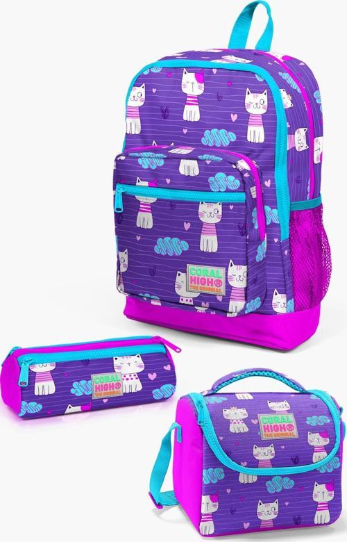 Kids Mor Pembe Kedi Desenli 3’lü Okul Çanta Seti SET0123464