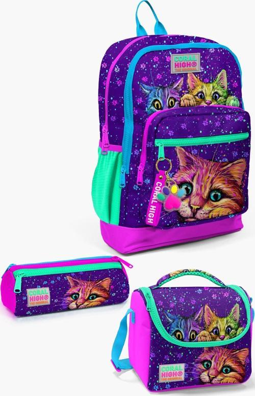 Kids Mor Pembe Kedi Desenli 3’lü Okul Çanta Seti SET0123732
