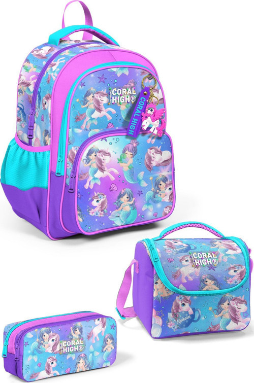 Kids Mor Pembe Unicorn Deniz Kızı Desenli 3'lü Okul Çanta Seti SET0123657