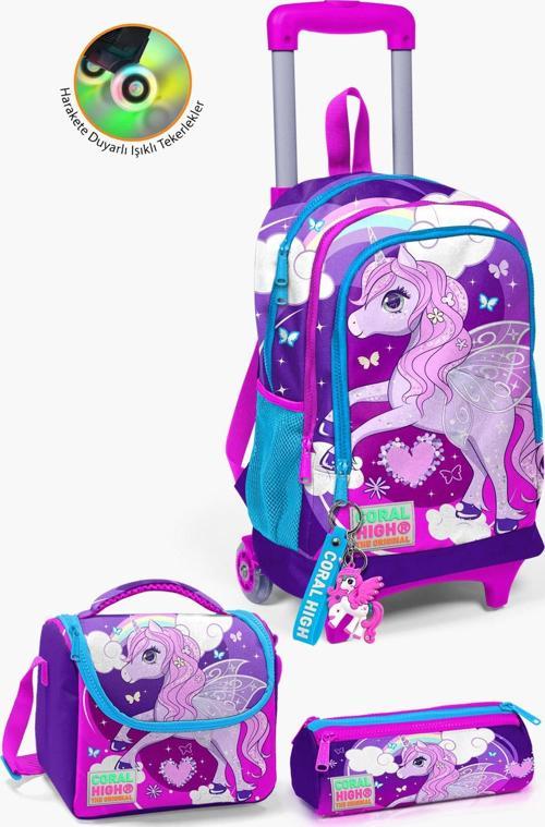 Kids Mor Pembe Unicorn Desenli Çekçekli 3’lü Okul Çanta Seti SET0123908