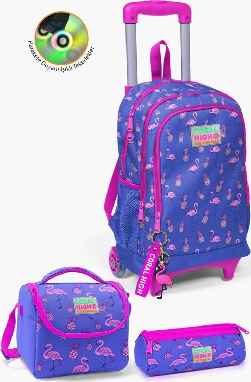 Kids Lavanta Pembe Flamingo Desenli Çekçekli 3'lü Çanta Seti SET0123132