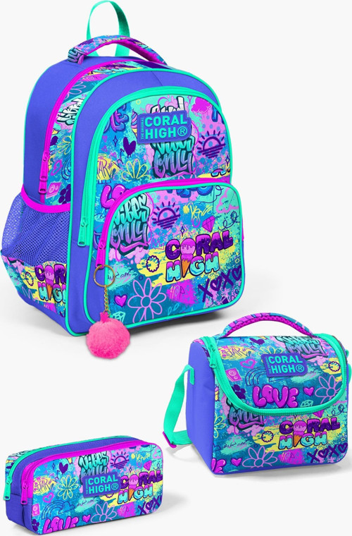 Kids Lavanta Su Yeşili Grafiti Desenli 3'lü Okul Çanta Seti SET0114414