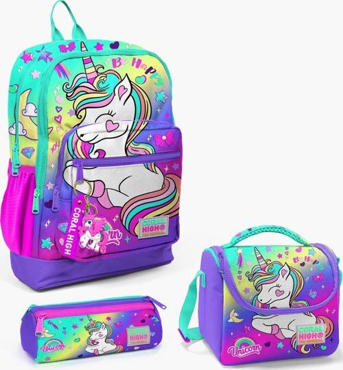 Kids Lavanta Su Yeşili Unicorn Desenli 3’lü Okul Çanta Seti SET0123729