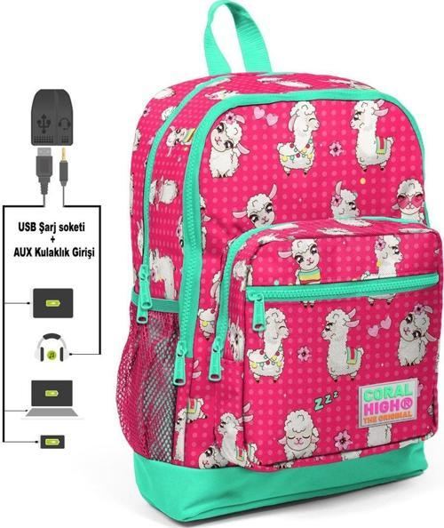 Kids Neon Mercan Alpaka Desenli USB Şarjlı Kulaklık Çıkışlı Okul Sırt Çantası 23268
