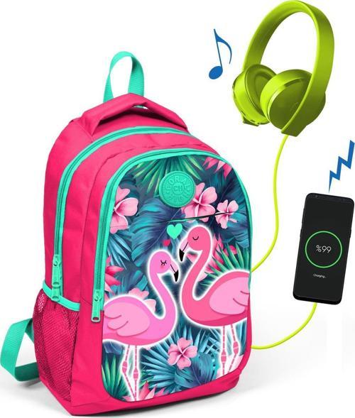 Kids Neon Mercan Flamingolu Üç Bölmeli USB Şarjlı Kulaklık Çıkışlı Sırt Çantası 23416