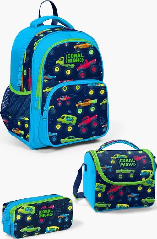 Kids Mavi Lacivert Monster Truck Desenli 3'lü Okul Çanta Seti SET0123406