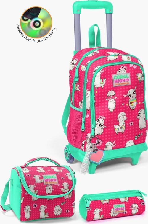 Kids Neon Mercan Su Yeşili Alpaka Desenli Çekçekli 3'lü Çanta Seti SET0123364