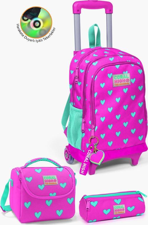 Kids Neon Pembe Su Yeşili Kalp Desenli Çekçekli 3'lü Çanta Seti SET0123133