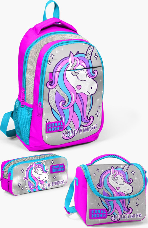 Kids Pembe Gümüş Simli Unicorn Desenli 3’lü Okul Çanta Seti SET0114383