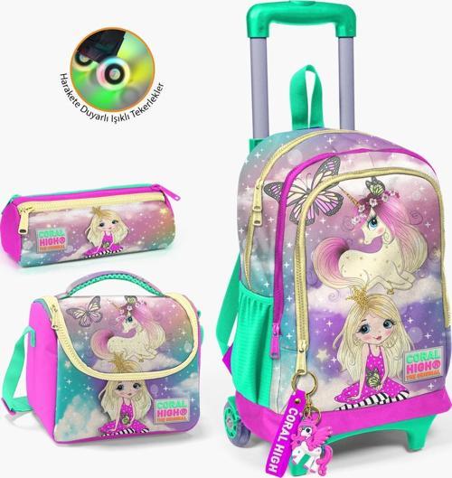 Kids Pembe Su Yeşili Unicornlu Kız Desenli Çekçekli 3’lü Okul Çanta Seti SET0123933