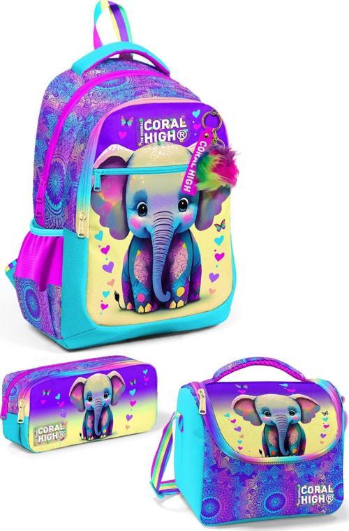 Kids Pembe Turkuaz Fil Desenli 3’lü Okul Çanta Seti SET0123650