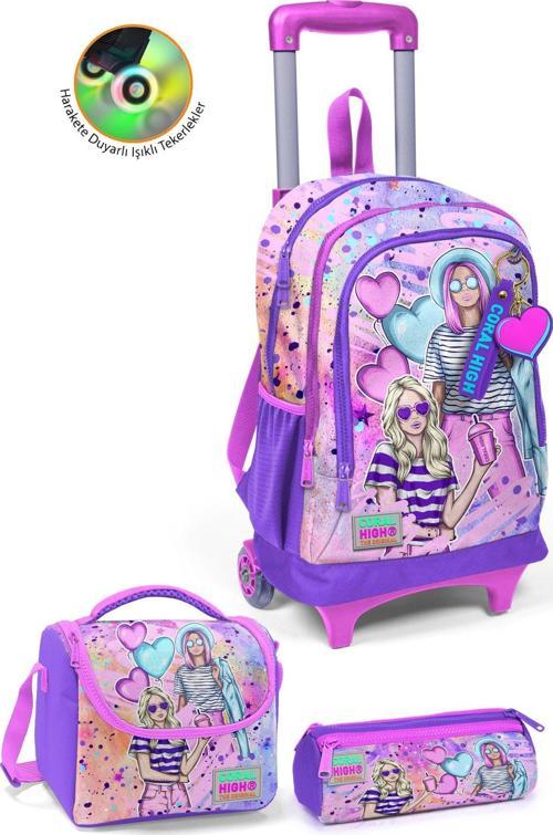 Kids Pembe Mor Fashion Girl Desenli Üç Bölmeli Çekçekli 3'lü Çanta Seti SET0123955