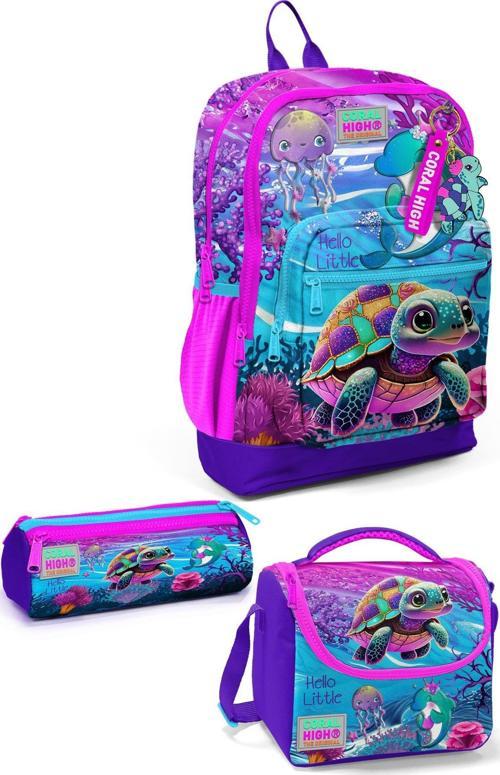 Kids Pembe Mor Kaplumbağa Desenli 3’lü Okul Çanta Seti SET0123756