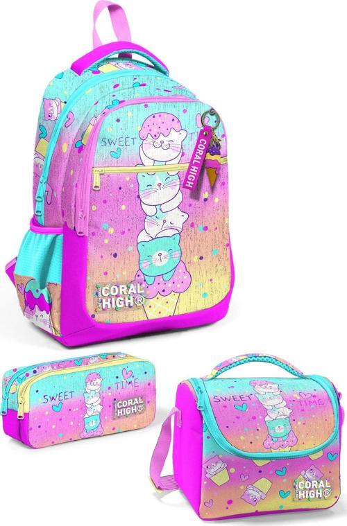 Kids Renkli Dondurmalı Kedi Desenli 3’lü Okul Çanta Seti SET0123648