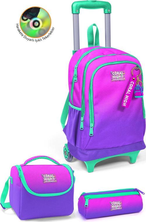 Kids Pembe Mor Renk Geçişli Üç Bölmeli Çekçekli 3'lü Çanta Seti SET0123962