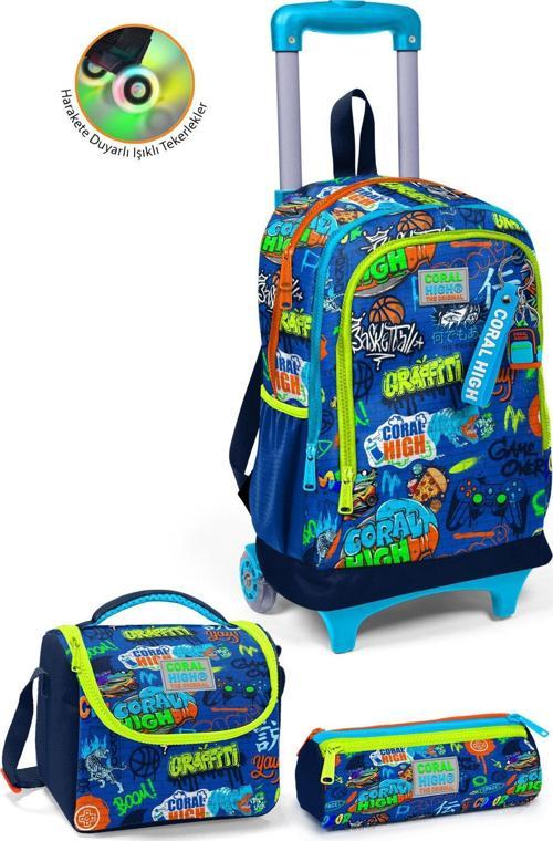 Kids Saks Grafiti Desenli Üç Bölmeli Çekçekli 3'lü Çanta Seti SET0123967