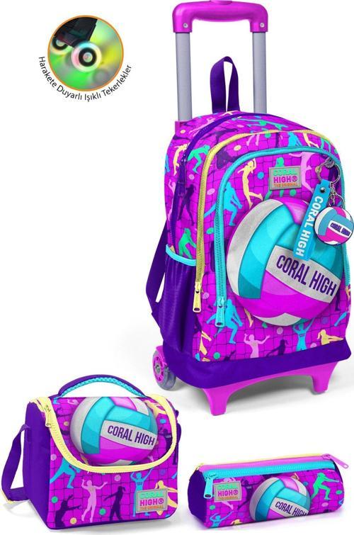 Kids Pembe Mor Voleybol Desenli Üç Bölmeli Çekçekli 3'lü Çanta Seti SET0123961
