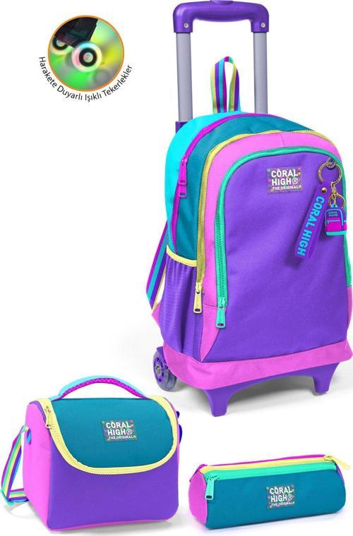 Kids Pembe Pastel Renkli Üç Bölmeli Çekçekli 3'lü Çanta Seti SET0123959