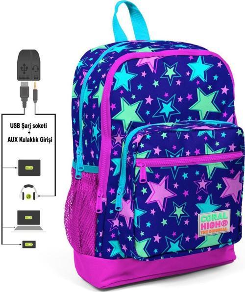 Kids Saks Yıldız Desenli USB Şarjlı Kulaklık Çıkışlı Okul Sırt Çantası 23271
