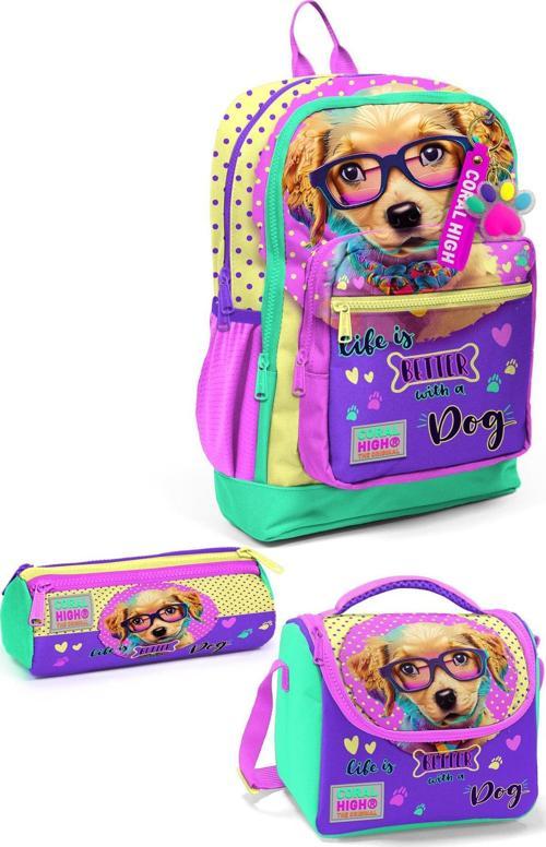 Kids Sarı Pembe Sevimli Köpek Desenli 3’lü Okul Çanta Seti SET0123752