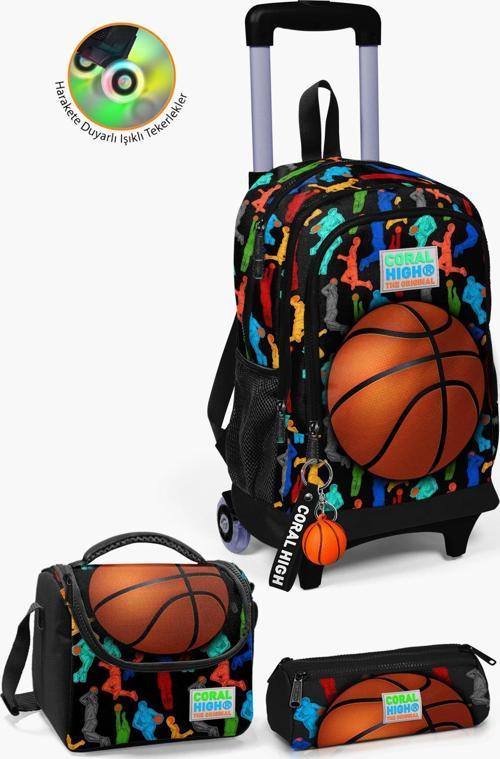 Kids Siyah Basketbol Desenli Çekçekli 3'lü Çanta Seti SET0123377