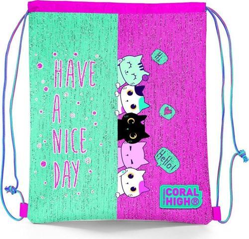 Kids Pembe Su Yeşili Kedi Desenli İpli Büzgülü Sırt Çantası 22694