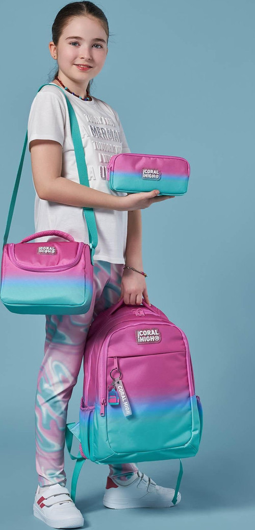Coral High Kids Pembe Su Yeşili Renk Geçişli 3’lü Okul Çanta Seti SET0123664 2