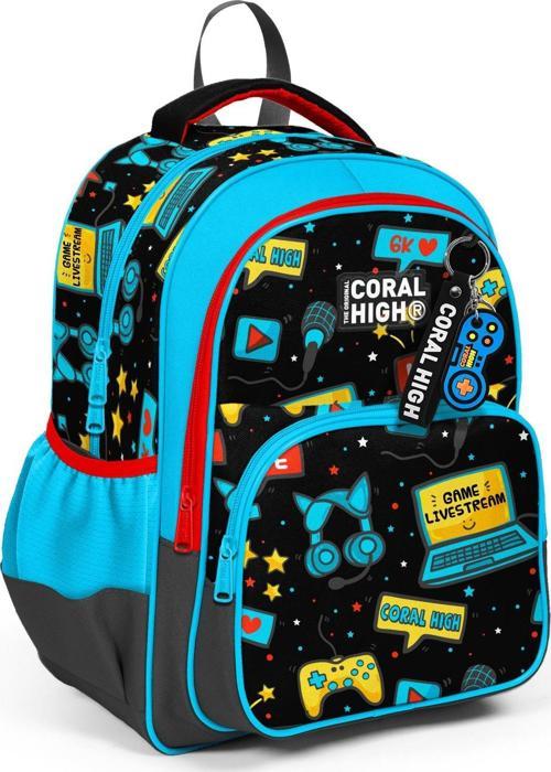 Kids Siyah Mavi Gamer Desenli Üç Bölmeli Okul Sırt Çantası 23659